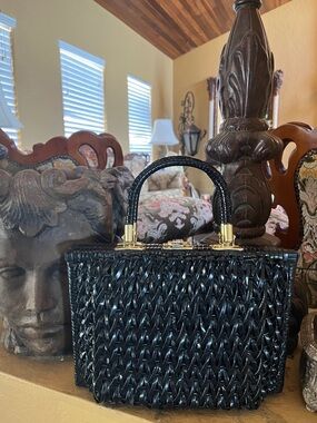 Vintage 1960's Bags By Donna Black Woven Satchel Bag with Gold Hardware.
